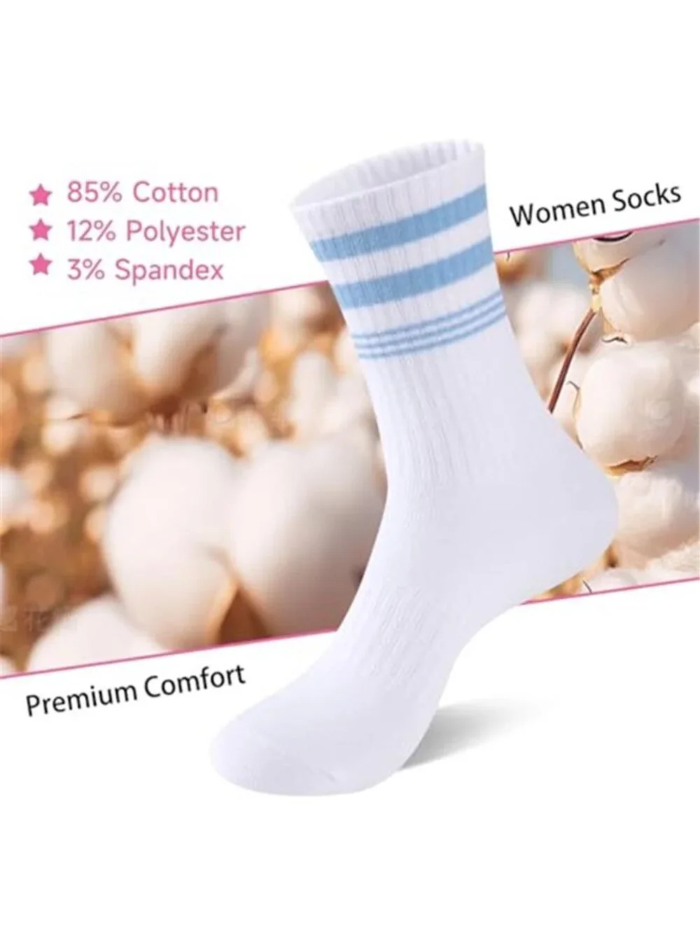 7 Pairs Womens Crew Cotton Socks Casual Breathable Striped Calf Socks